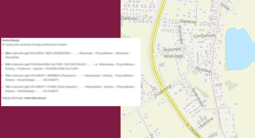 Mapa z ulicą wilanowską oraz grafika na bordowym tle.
